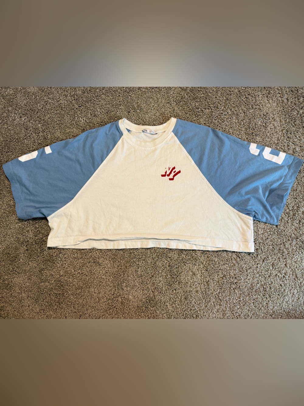 Zara Two-Tone Raglan Crop Top - White, Light Blue & Red Accent